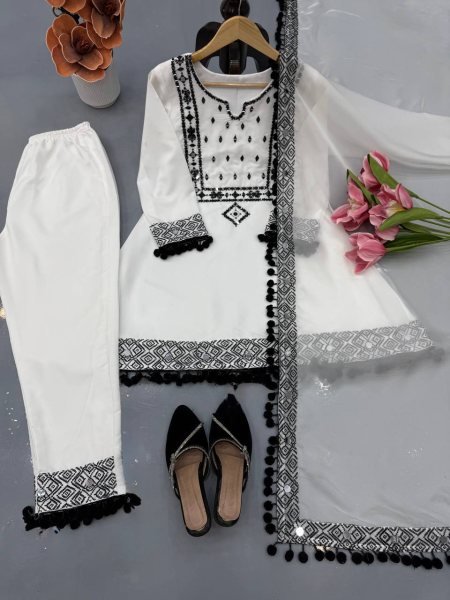 Durable White Roman Glass Silk Farshi Palazzo Suit with Organza Dupatta at Wholesale Rate Ready To Wear Collection