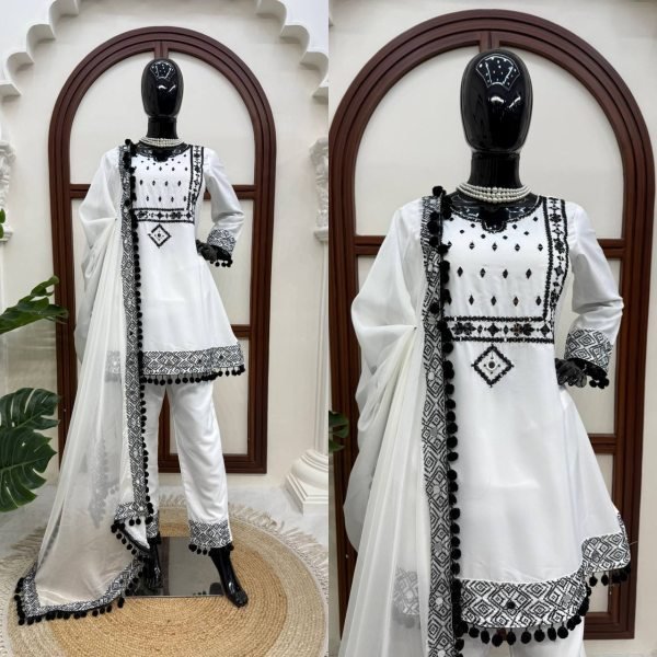 Durable White Roman Glass Silk Farshi Palazzo Suit with Organza Dupatta at Wholesale Rate Ready To Wear Collection