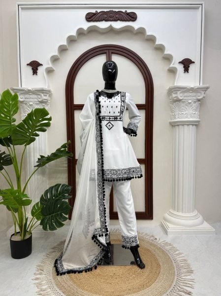 Durable White Roman Glass Silk Farshi Palazzo Suit with Organza Dupatta at Wholesale Rate Ready To Wear Collection