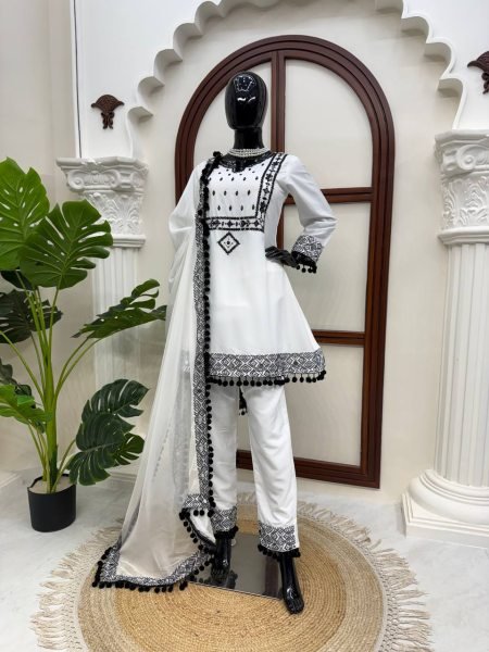 Durable White Roman Glass Silk Farshi Palazzo Suit with Organza Dupatta at Wholesale Rate Ready To Wear Collection