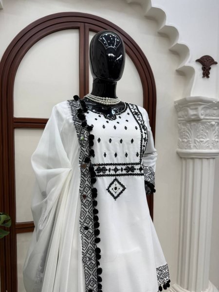Durable White Roman Glass Silk Farshi Palazzo Suit with Organza Dupatta at Wholesale Rate Ready To Wear Collection