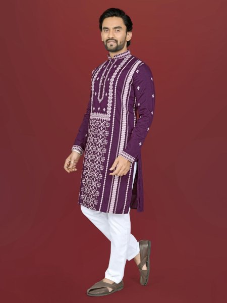 Durable Wine Ethnic Kurta with Cotton Pajama for Men Kurta Pajama Wholesale