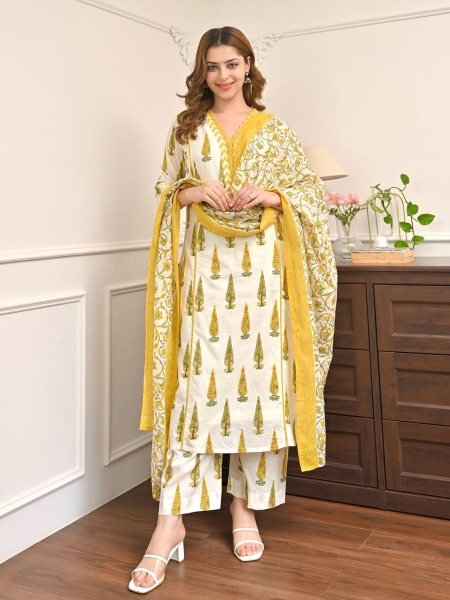 Durable Yellow Cotton Printed Straight Kurti Set With Dupatta For Women Kurtis