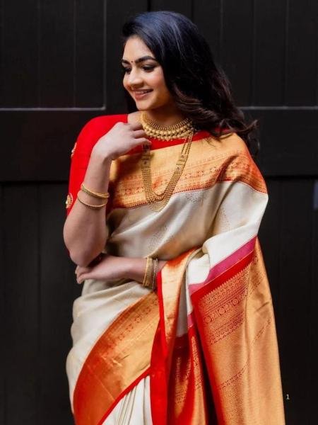 Durga Puja Cream Lichi Silk Saree with Jacquard Design And Contrast Blouse Sarees 