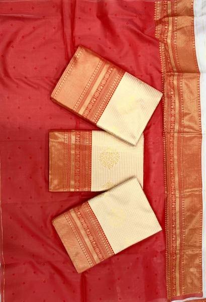 Durga Puja Cream Lichi Silk Saree with Jacquard Design And Contrast Blouse Silk Sarees Wholesale