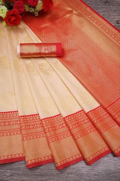 Durga Puja Cream Lichi Silk Saree with Jacquard Design And Contrast Blouse Silk Sarees Wholesale