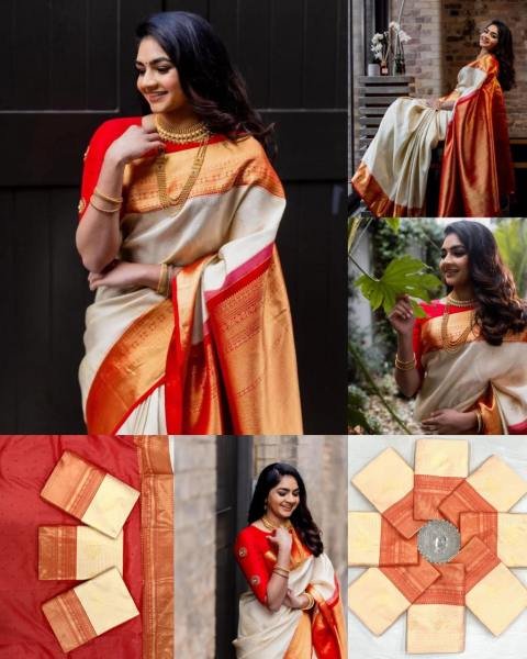 Durga Puja Cream Lichi Silk Saree with Jacquard Design And Contrast Blouse Silk Sarees Wholesale