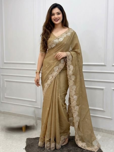 Dust Golden Designer Korean Tusser Saree with Cutwork Blouse at Manufacturer  