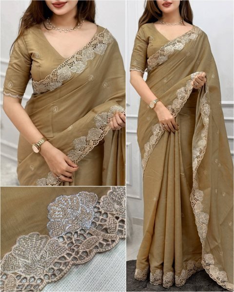 Dust Golden Designer Korean Tusser Saree with Cutwork Blouse at Manufacturer  Designer Wedding Sarees Wholesale