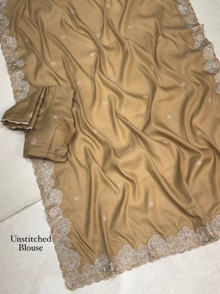 Dust Golden Designer Korean Tusser Saree with Cutwork Blouse at Manufacturer  Designer Wedding Sarees Wholesale