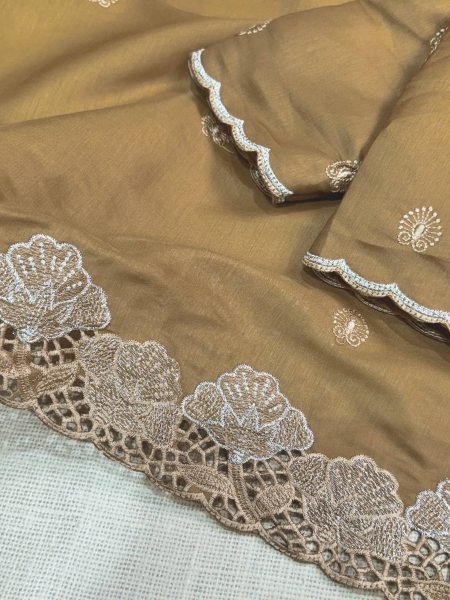Dust Golden Designer Korean Tusser Saree with Cutwork Blouse at Manufacturer  Designer Wedding Sarees Wholesale