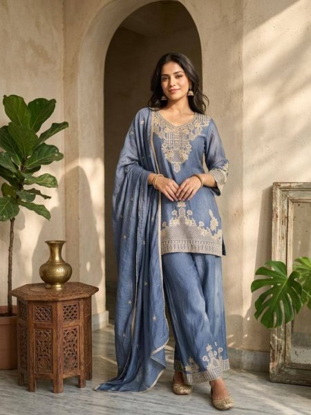 Dusty Blue Rangoli Crush Palazzo Suit with Heavy Embroidery Work for Wedding Functions Ready To Wear Suit