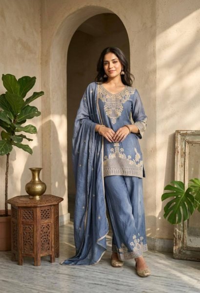 Dusty Blue Rangoli Crush Palazzo Suit with Heavy Embroidery Work for Wedding Functions Ready To Wear Collection