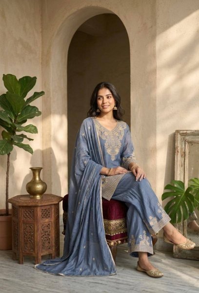 Dusty Blue Rangoli Crush Palazzo Suit with Heavy Embroidery Work for Wedding Functions Ready To Wear Collection