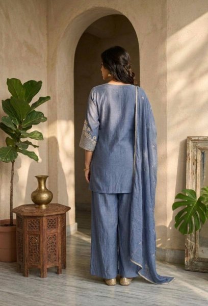 Dusty Blue Rangoli Crush Palazzo Suit with Heavy Embroidery Work for Wedding Functions Ready To Wear Collection