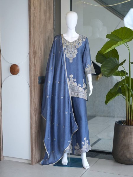 Dusty Blue Rangoli Crush Palazzo Suit with Heavy Embroidery Work for Wedding Functions Ready To Wear Collection
