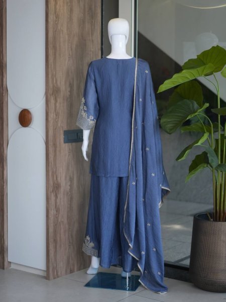 Dusty Blue Rangoli Crush Palazzo Suit with Heavy Embroidery Work for Wedding Functions Ready To Wear Collection