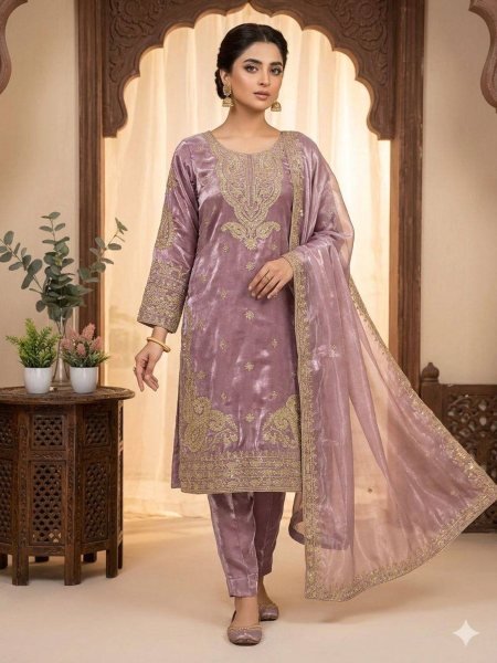 Dusty Mauve Roman Party Wear Outfit with Designer Dupatta 