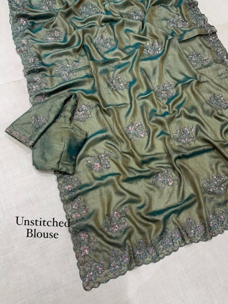 Dusty Olive Green Party Wear Meri Gold Saree with Embroidered Blouse at Manufacturer  Embroidery Sarees Wholesale