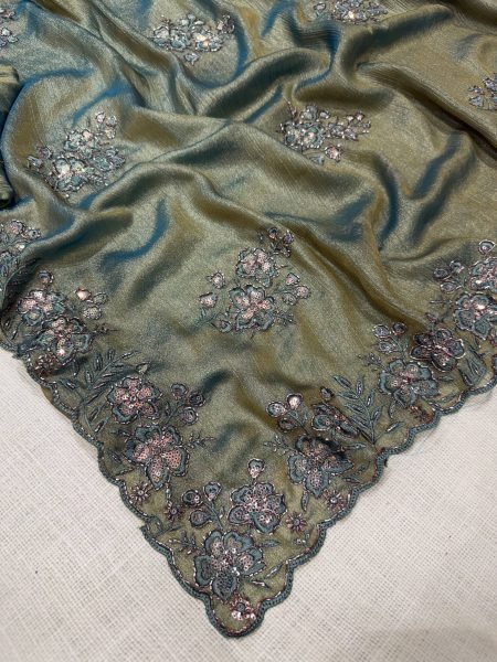 Dusty Olive Green Party Wear Meri Gold Saree with Embroidered Blouse at Manufacturer  Embroidery Sarees Wholesale