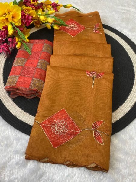 Dusty Orange Cotton Printed Saree with Contrast Blouse Trendy Festive Look Cotton Sarees Wholesale