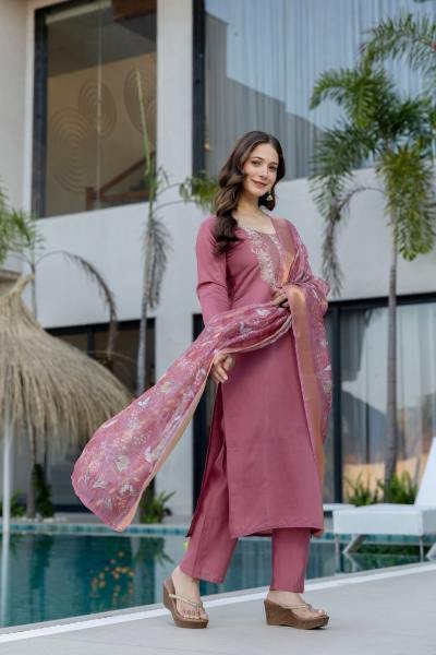 Dusty Pink Chanderi Fabric Embroidered Straight Kurta Set For Woman  Straight Cut Long Kurtis