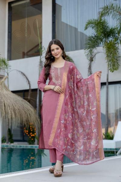 Dusty Pink Chanderi Fabric Embroidered Straight Kurta Set For Woman  Straight Cut Long Kurtis