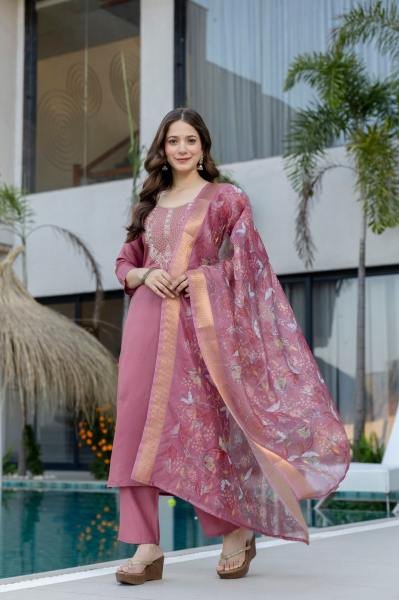 Dusty Pink Chanderi Fabric Embroidered Straight Kurta Set For Woman  Straight Cut Long Kurtis
