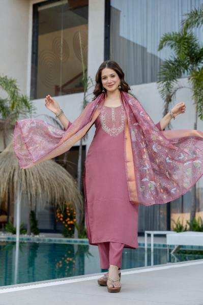 Dusty Pink Chanderi Fabric Embroidered Straight Kurta Set For Woman  Straight Cut Long Kurtis