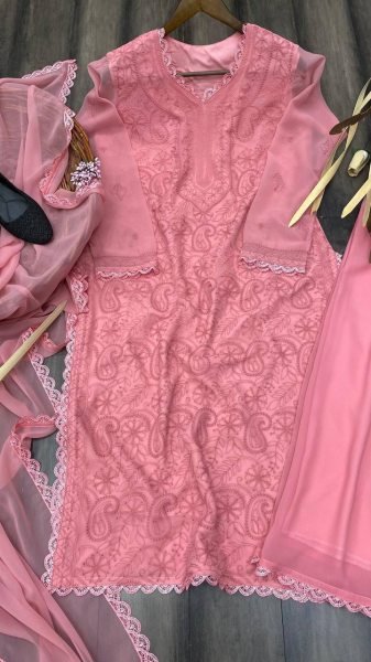Dusty Pink Color Chikankari Cotton Kurti Set with Embellished Dupatta Set For Dealer Lucknowi Chikankari Kurtis Wholesale