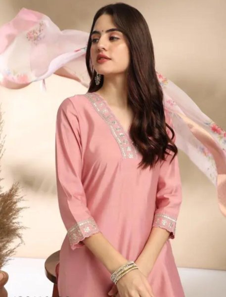 dusty pink cotton suit with sequin embroidery and dupatta soft elegant look 3 Piece Kurti Set