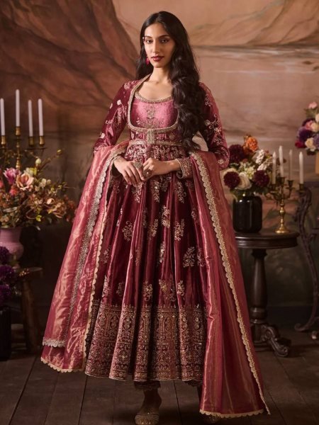 Dusty Pink Embroidered Anarkali Suit with Net Dupatta Bridal Wear Ready To Wear Suit