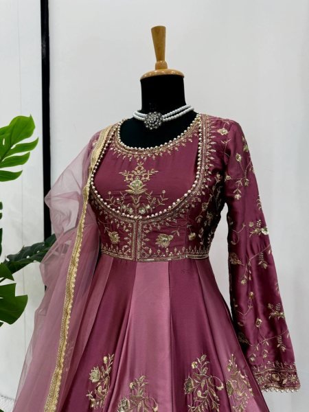Dusty Pink Embroidered Anarkali Suit with Net Dupatta Bridal Wear Ready To Wear Collection