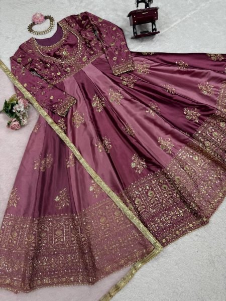 Dusty Pink Embroidered Anarkali Suit with Net Dupatta Bridal Wear Ready To Wear Collection