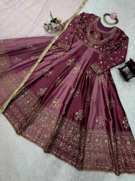 Dusty Pink Embroidered Anarkali Suit with Net Dupatta Bridal Wear Ready To Wear Collection