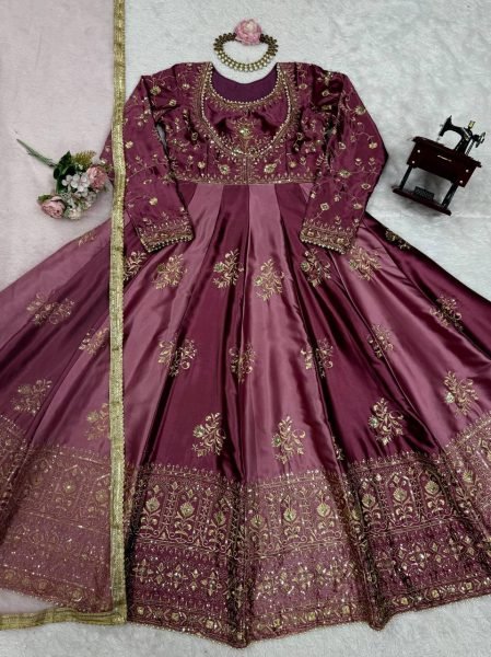 Dusty Pink Embroidered Anarkali Suit with Net Dupatta Bridal Wear Ready To Wear Collection