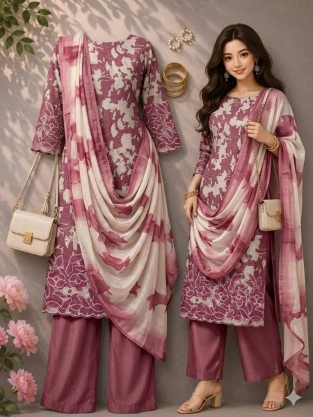 Dusty Pink Festive Collection Lilan Cotton Digital Print Suit Material with Matching Dupatta 