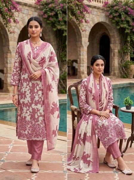 Dusty Pink Festive Collection Lilan Cotton Digital Print Suit Material with Matching Dupatta Punjabi Dress Materials Wholesale