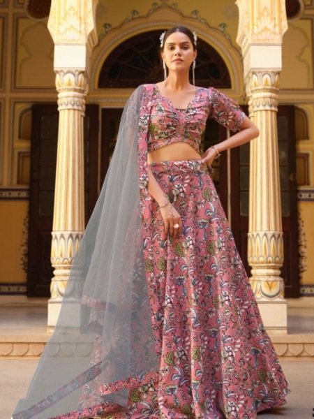 Dusty Pink Floral Print Crushed Silk Lehenga with Grey Net Dupatta perfect for Festive Events  Lehenga