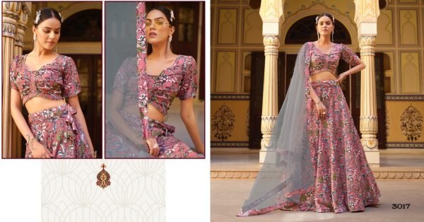 Dusty Pink Floral Print Crushed Silk Lehenga with Grey Net Dupatta perfect for Festive Events Designer Lehenga Choli