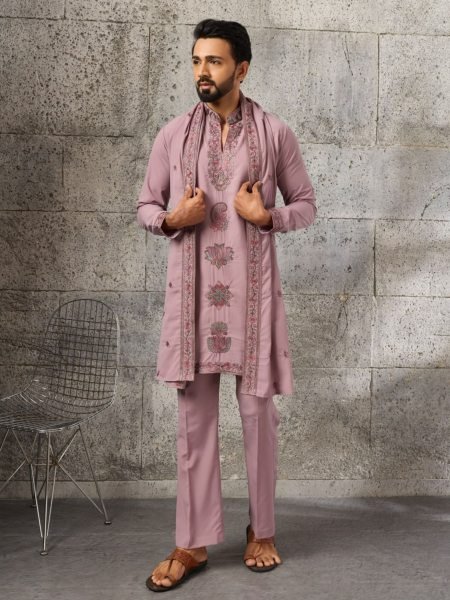 Dusty Pink Japanese Fabric Kurta with Designer Dupatta and Pant Set for Men 