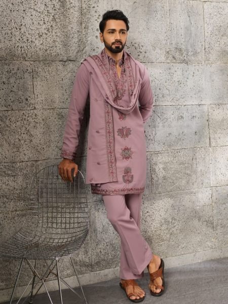 Dusty Pink Japanese Fabric Kurta with Designer Dupatta and Pant Set for Men Mens Short Kurta