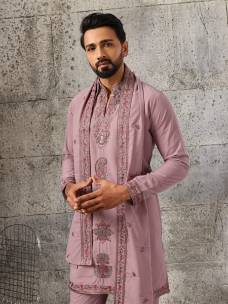 Dusty Pink Japanese Fabric Kurta with Designer Dupatta and Pant Set for Men Mens Short Kurta