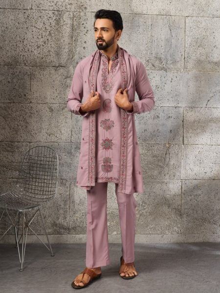 Dusty Pink Japanese Fabric Kurta with Designer Dupatta and Pant Set for Men Mens Short Kurta