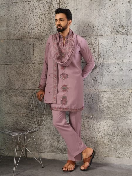Dusty Pink Japanese Fabric Kurta with Designer Dupatta and Pant Set for Men Mens Short Kurta
