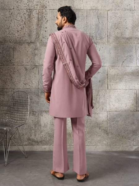 Dusty Pink Japanese Fabric Kurta with Designer Dupatta and Pant Set for Men Mens Short Kurta
