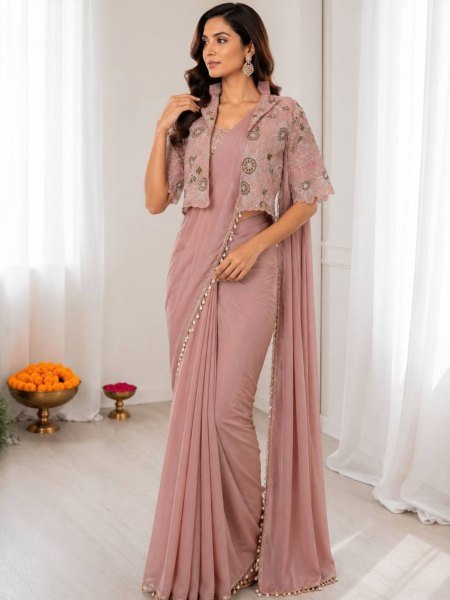 Dusty Pink Ready to Wear Crepe Silk Saree with Embroidered Jacket for Wedding Wear 