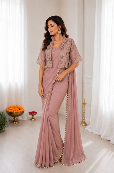 Dusty Pink Ready to Wear Crepe Silk Saree with Embroidered Jacket for Wedding Wear Ready To Wear Saree 