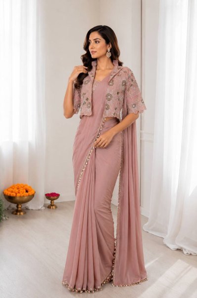 Dusty Pink Ready to Wear Crepe Silk Saree with Embroidered Jacket for Wedding Wear Ready To Wear Saree 