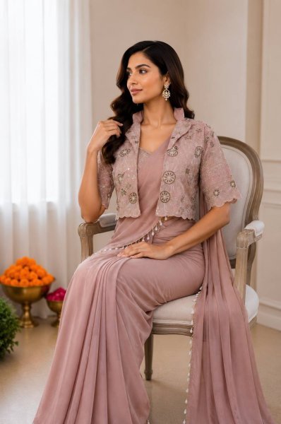 Dusty Pink Ready to Wear Crepe Silk Saree with Embroidered Jacket for Wedding Wear Ready To Wear Saree 